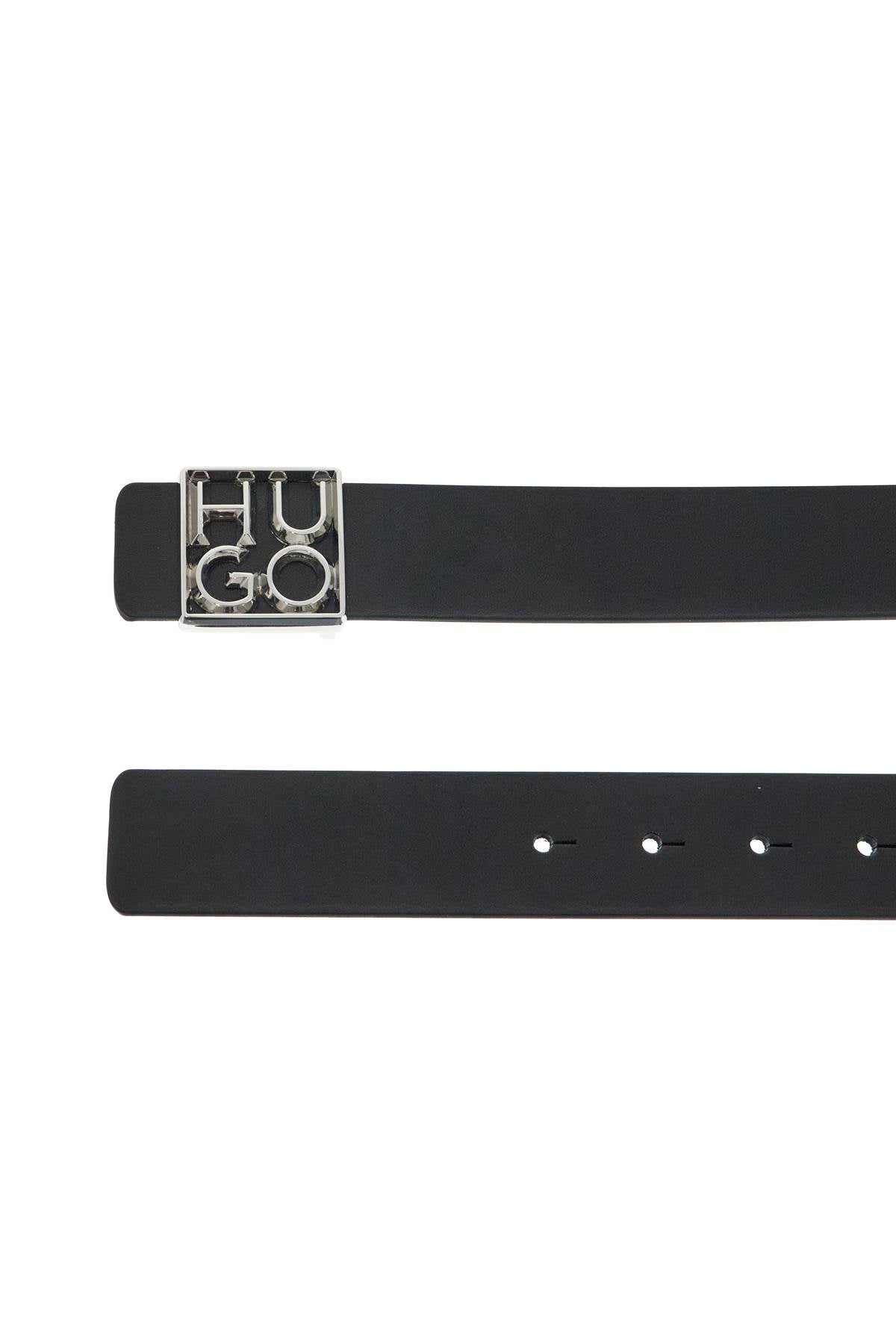 Hugo men's black leather belt with square buckle and embossed logo