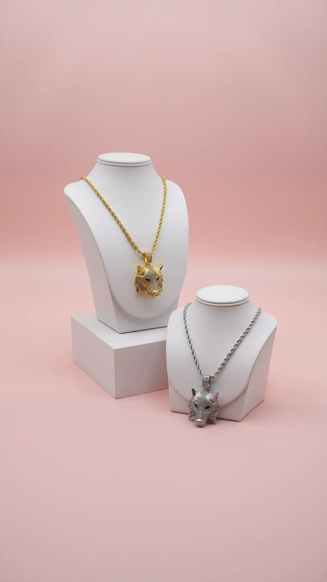 Waterproof Stainless Steel Gold Plated Crystal Wolf Necklace
