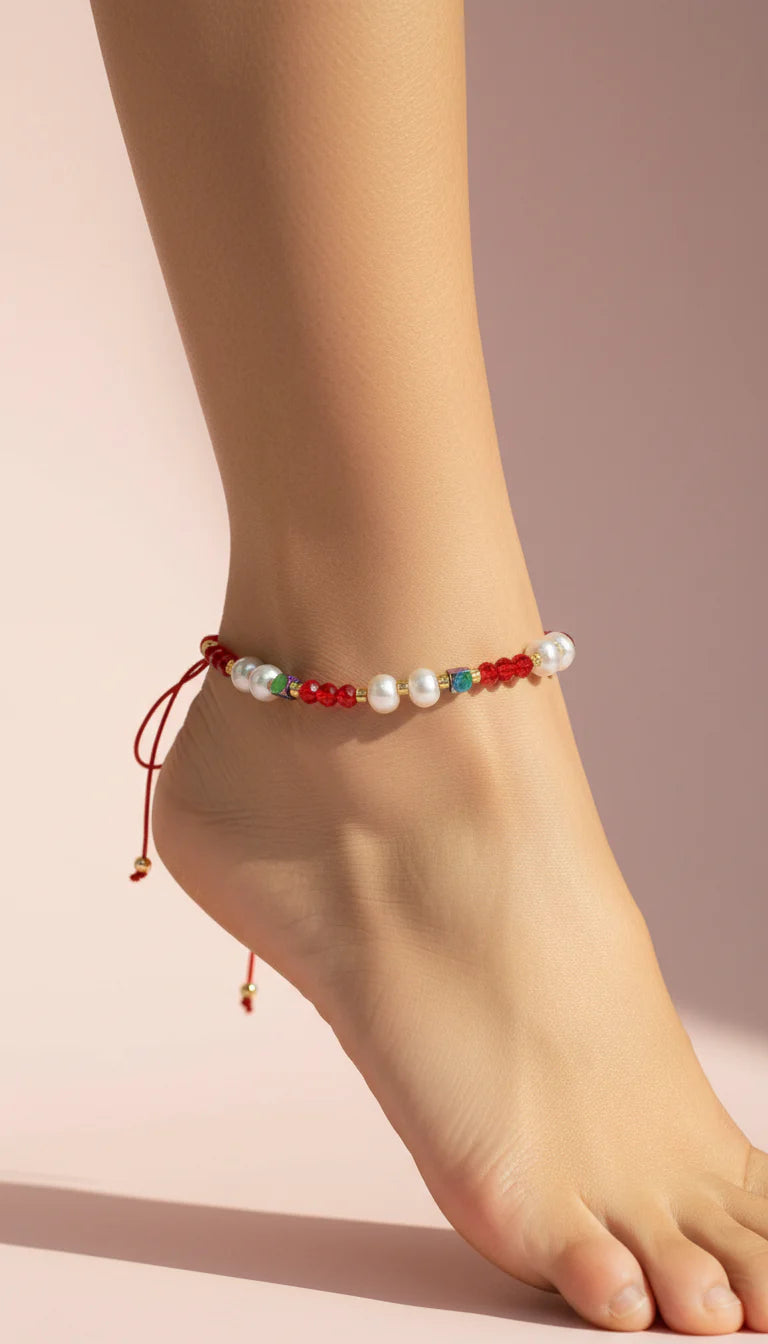 Faceted Beaded & Pearl Pull Tie Anklet