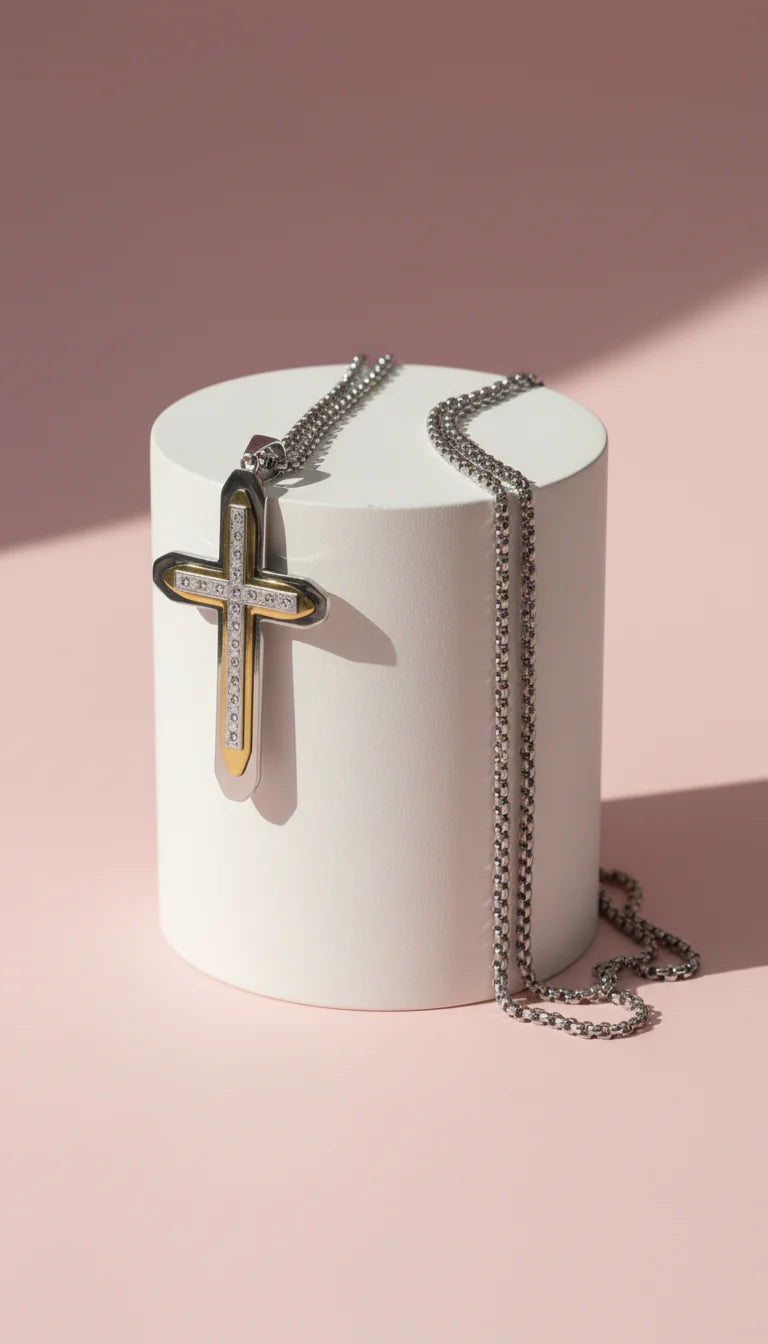 Waterproof Two Tone Layered Stainless Steel Cross Necklace