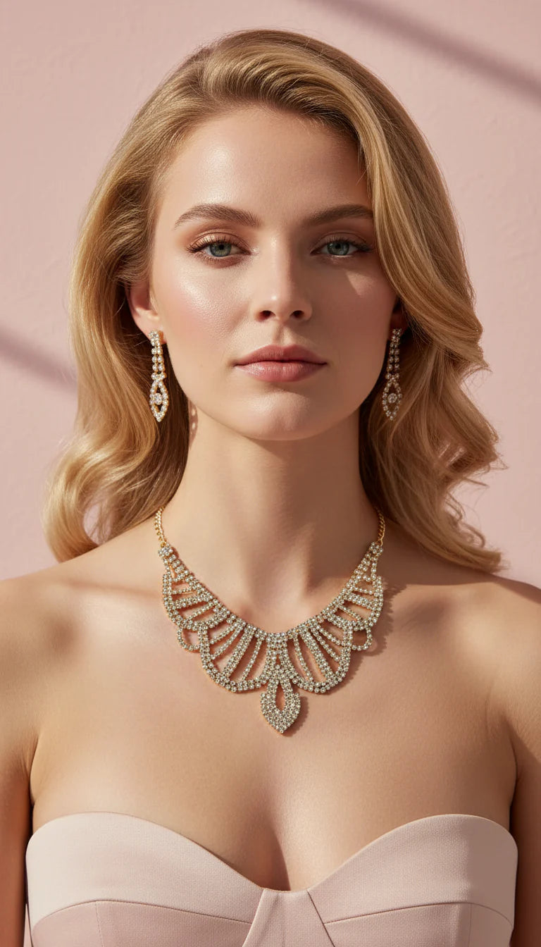 Scalloped Edge Crystal Statement Necklace & Earrings Set