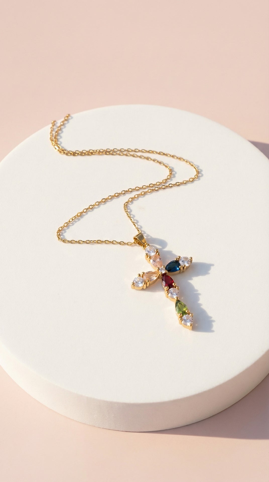 Waterproof Oval Rainbow Crystal Cross Stainless Steel Necklace
