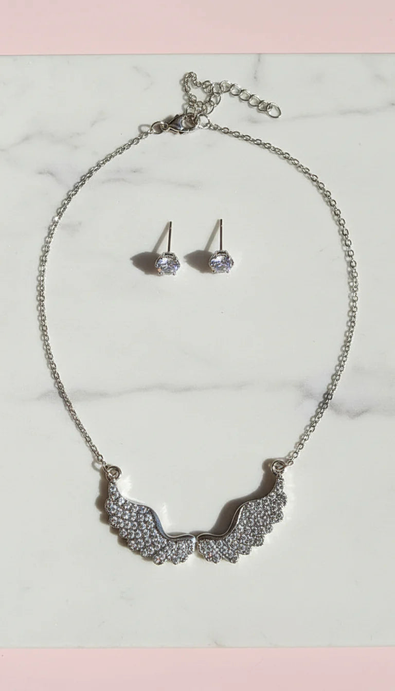 Crystal Angel Wings Pendant Necklace & Earring Set