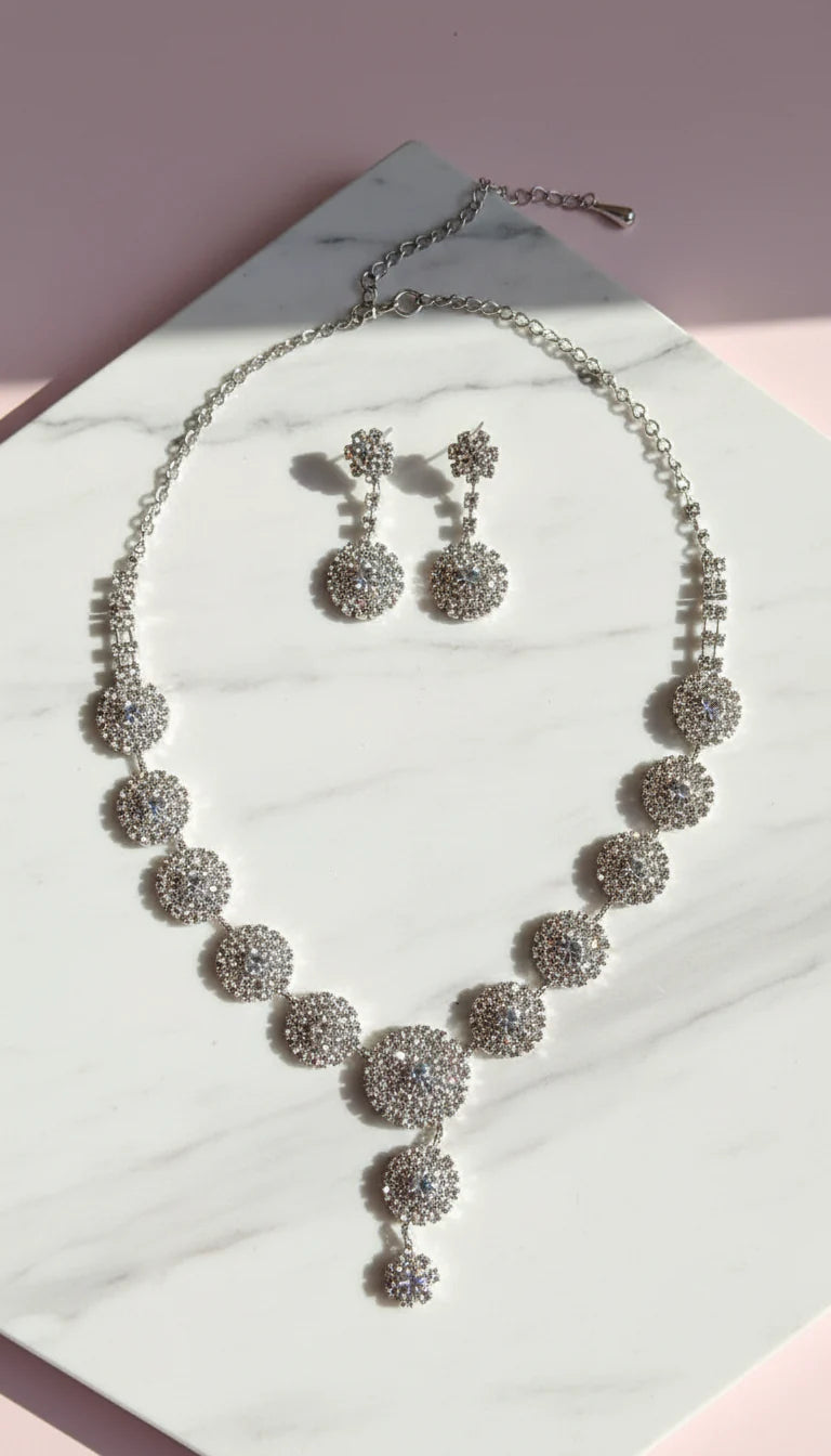 Round Crystal Cluster Drop Statement Necklace & Earrings Set