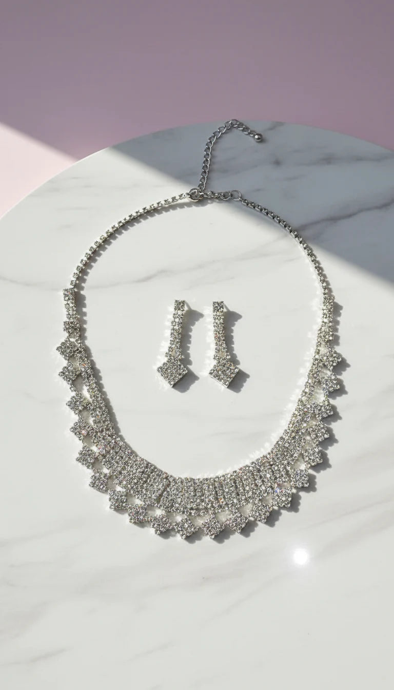 Square Cut Fringed Crystal Statement Necklace & Earrings Set