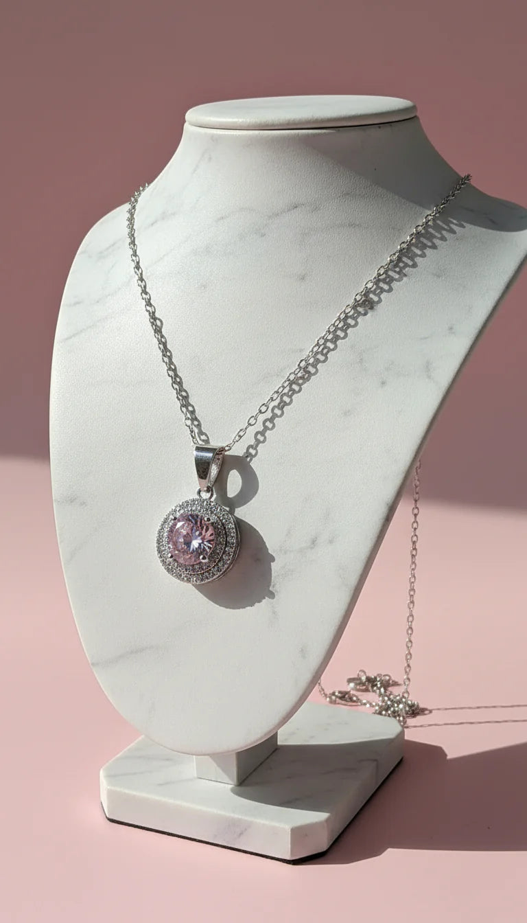 Waterproof Round Cut Pink Crystal Pendant Necklace