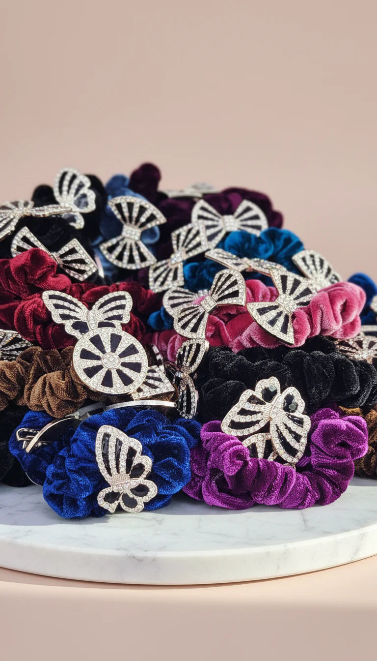 Pack of 100 Velvet Mixed Crystal Scrunchie Hair Bobbles