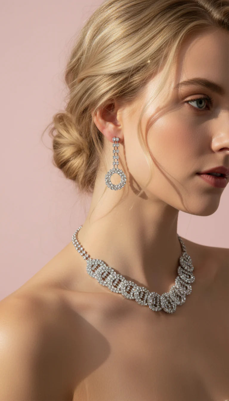 Crystal Round Link Statement Necklace & Earrings Set