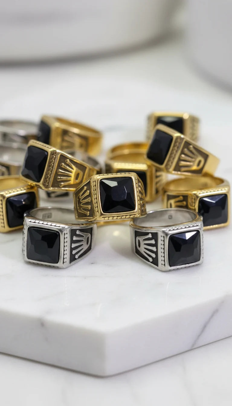 Men’s Stainless Steel Crown Ring with Black Stone