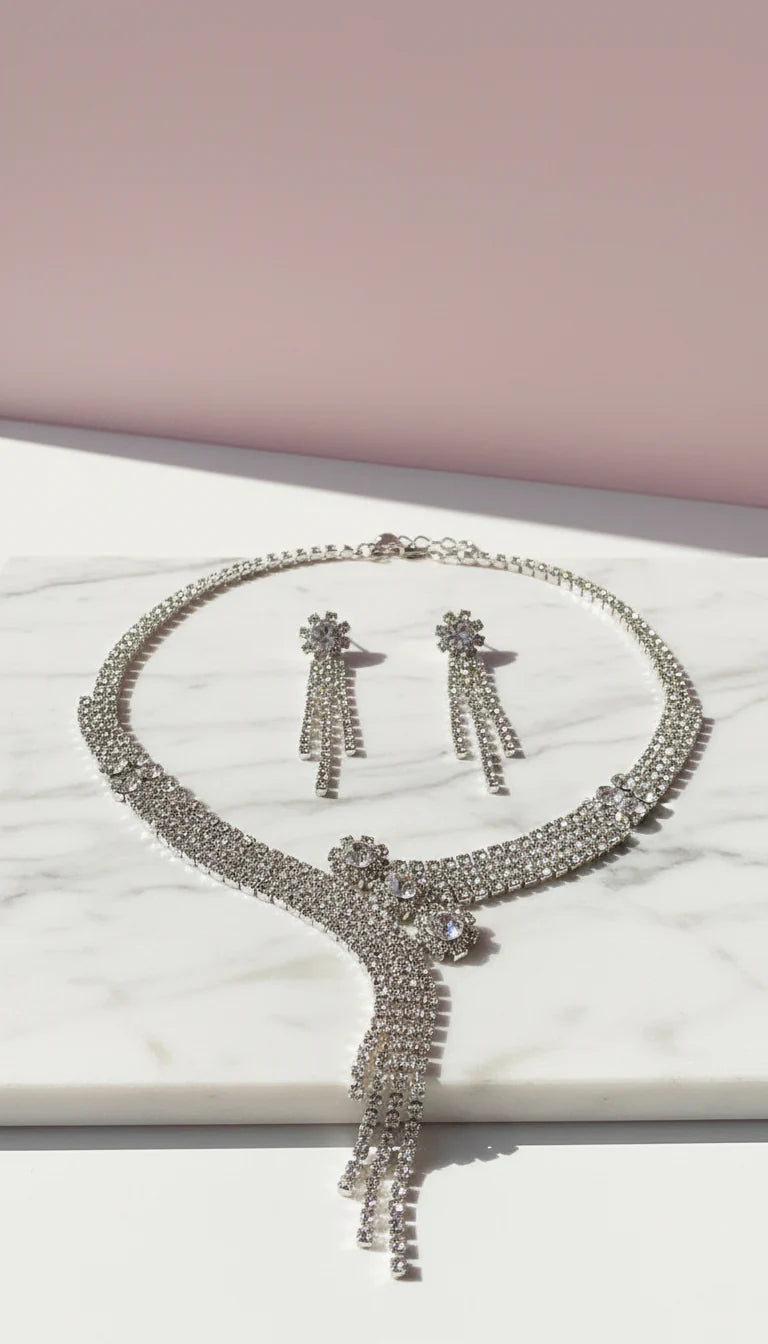 Curved Tassel Statement Crystal Necklace & Earrings Set