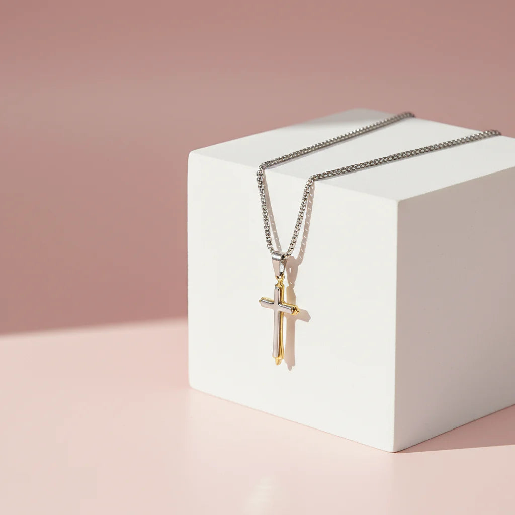 Waterproof Two Tone Stainless Steel Cross Necklace