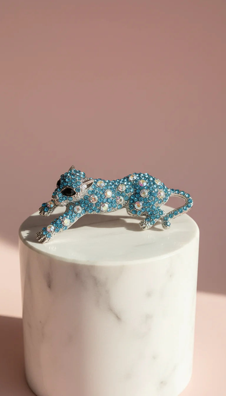 Blue Leopard Crystal Brooch Pin