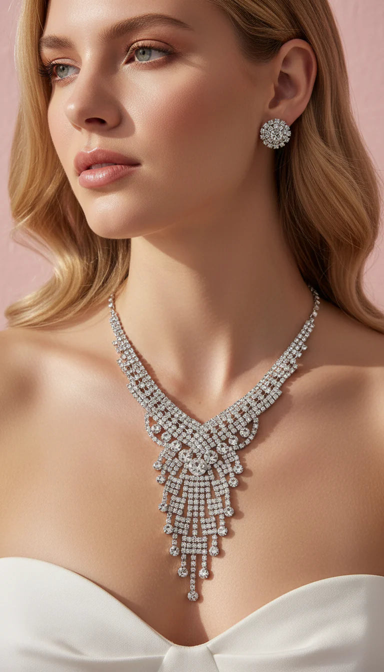 Layered Statement Crystal Necklace & Earrings Set