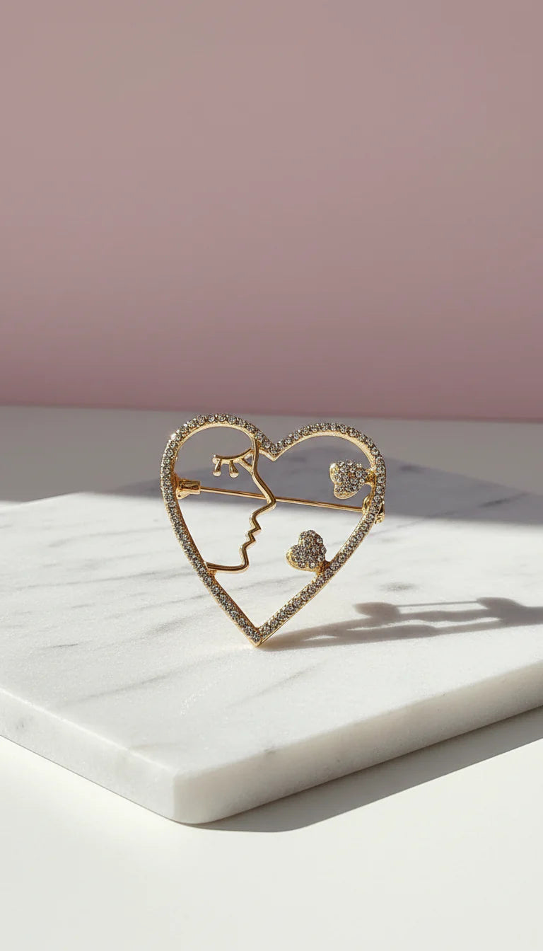 Profile & Open Heart Crystal Brooch