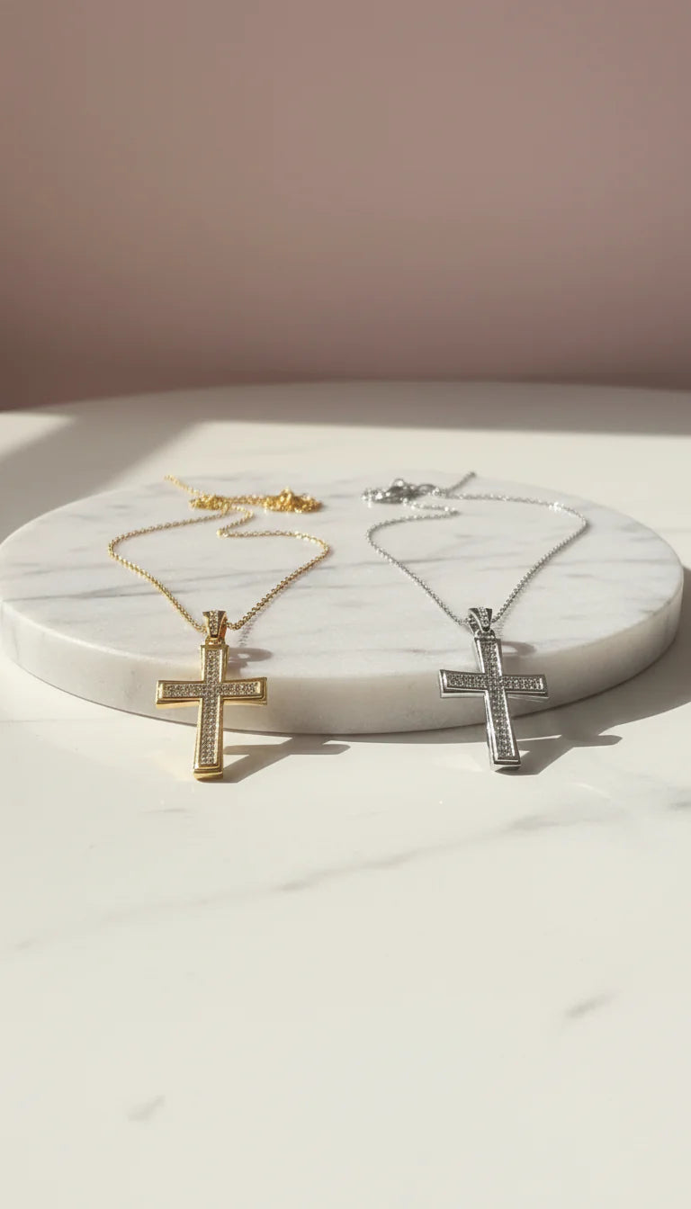 Waterproof Stainless Steel Oblong Crystal Cross Necklace