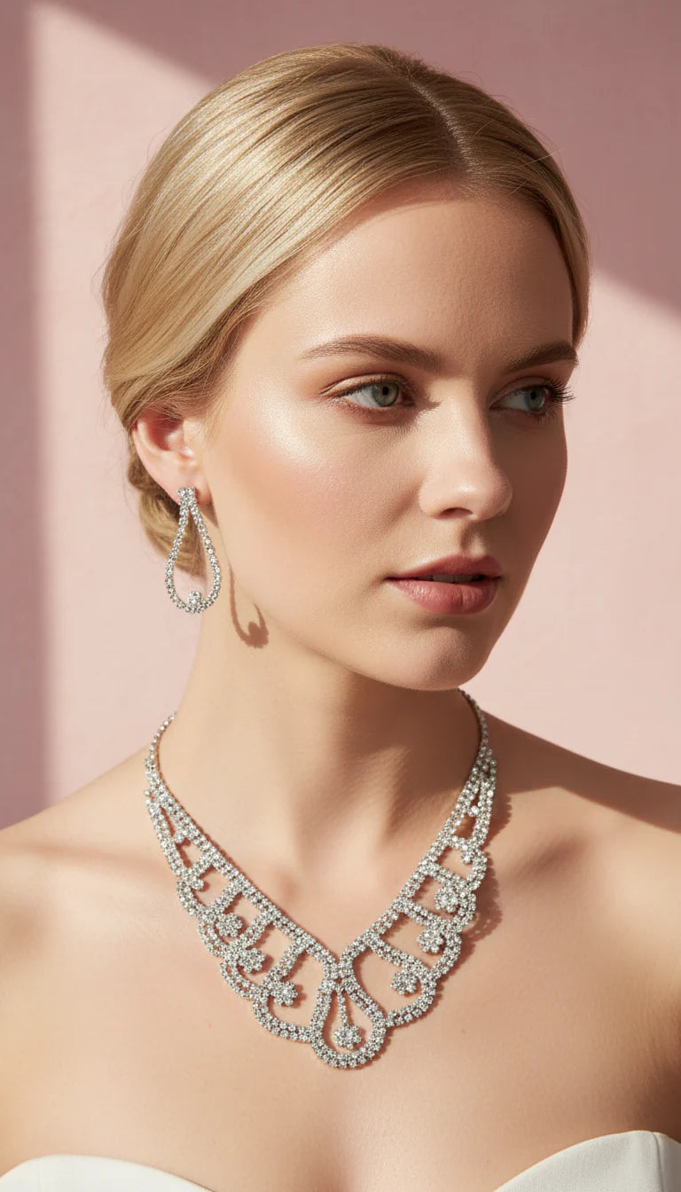 Crystal Flower Layered Statement Necklace & Earrings Set