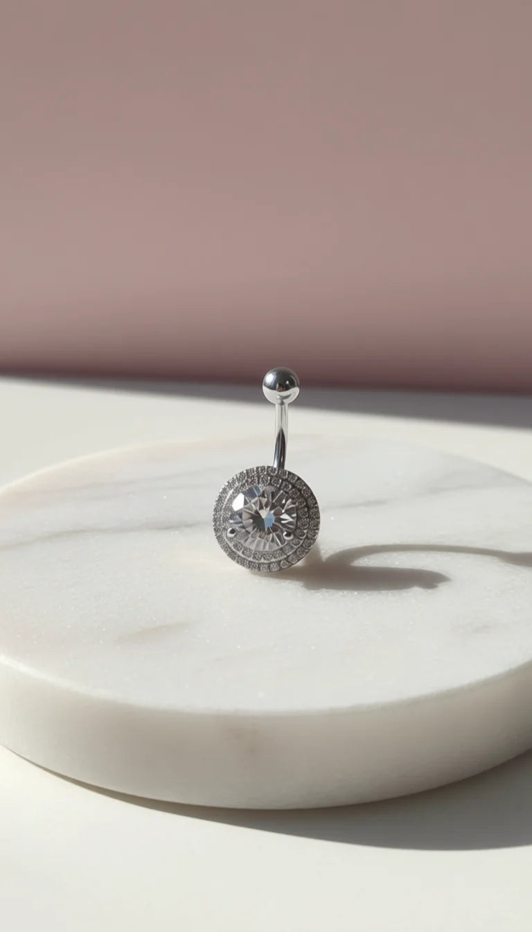 Round Cut Gold Plated Stainless Steel Crystal Belly Bar