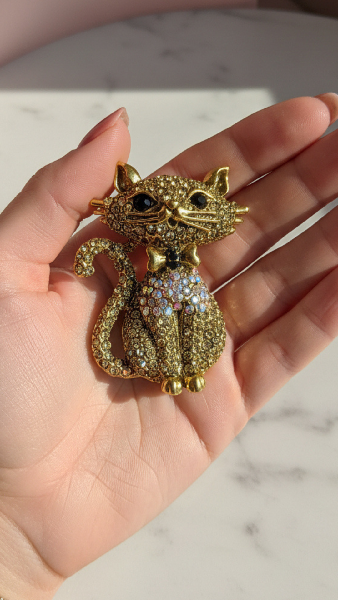 Crystal Cat With Bow Tie Pin Statement Brooch