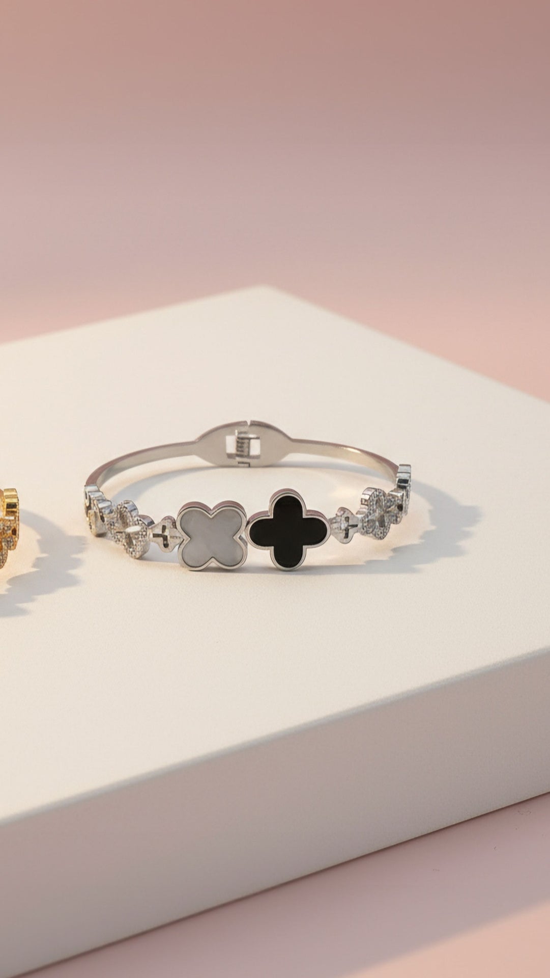 Waterproof Stainless Steel Black Clover Crystal Stacking Bangle