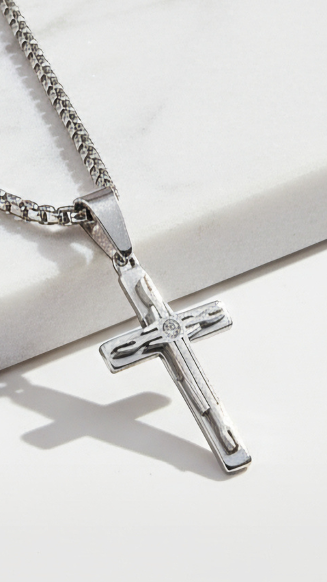 Stainless Steel Silver Stone Inlaid Cross Pendant Necklace