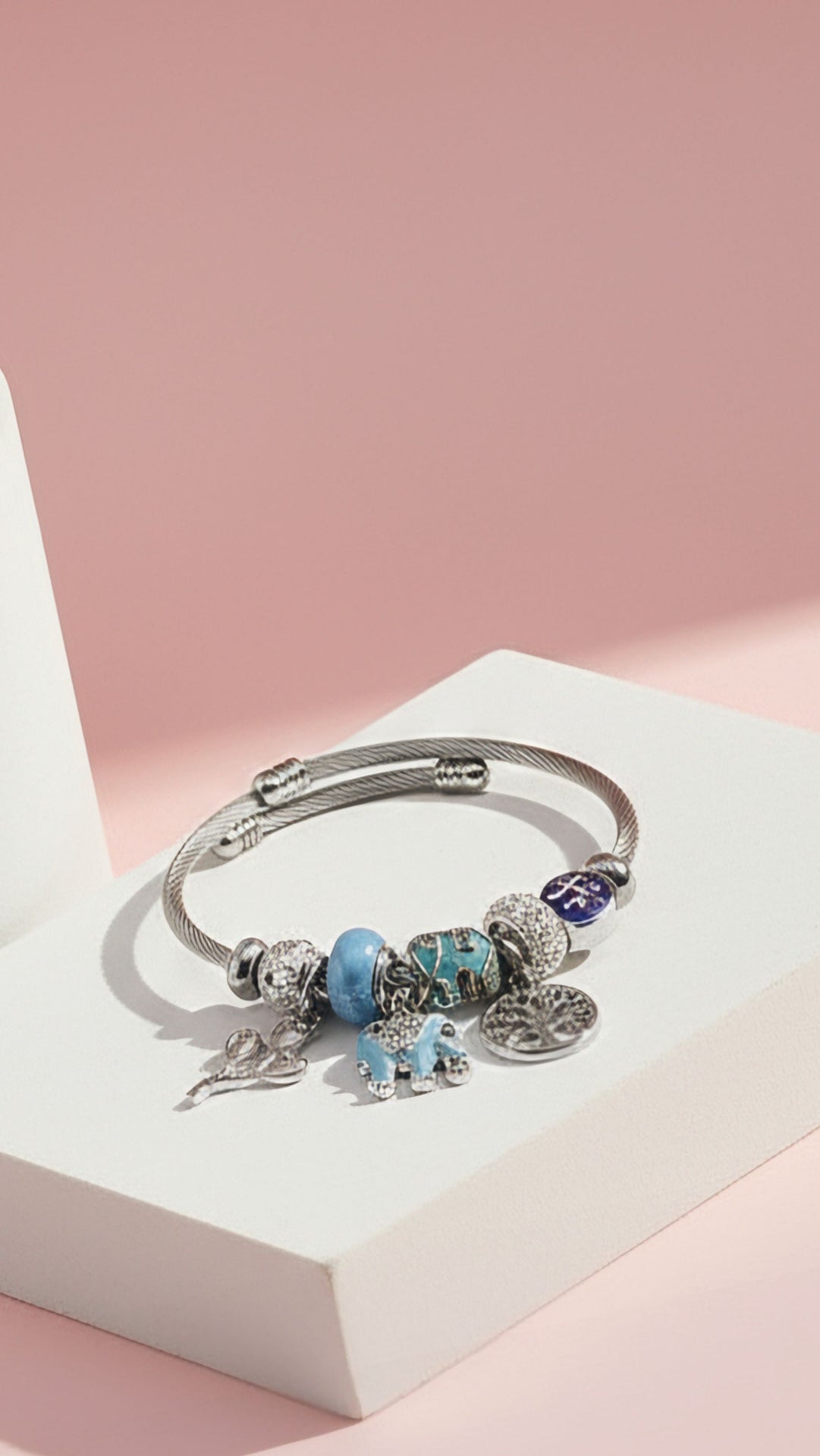 Tree Of Life With Blue Elephant Crystal Charm Beaded Bracelet