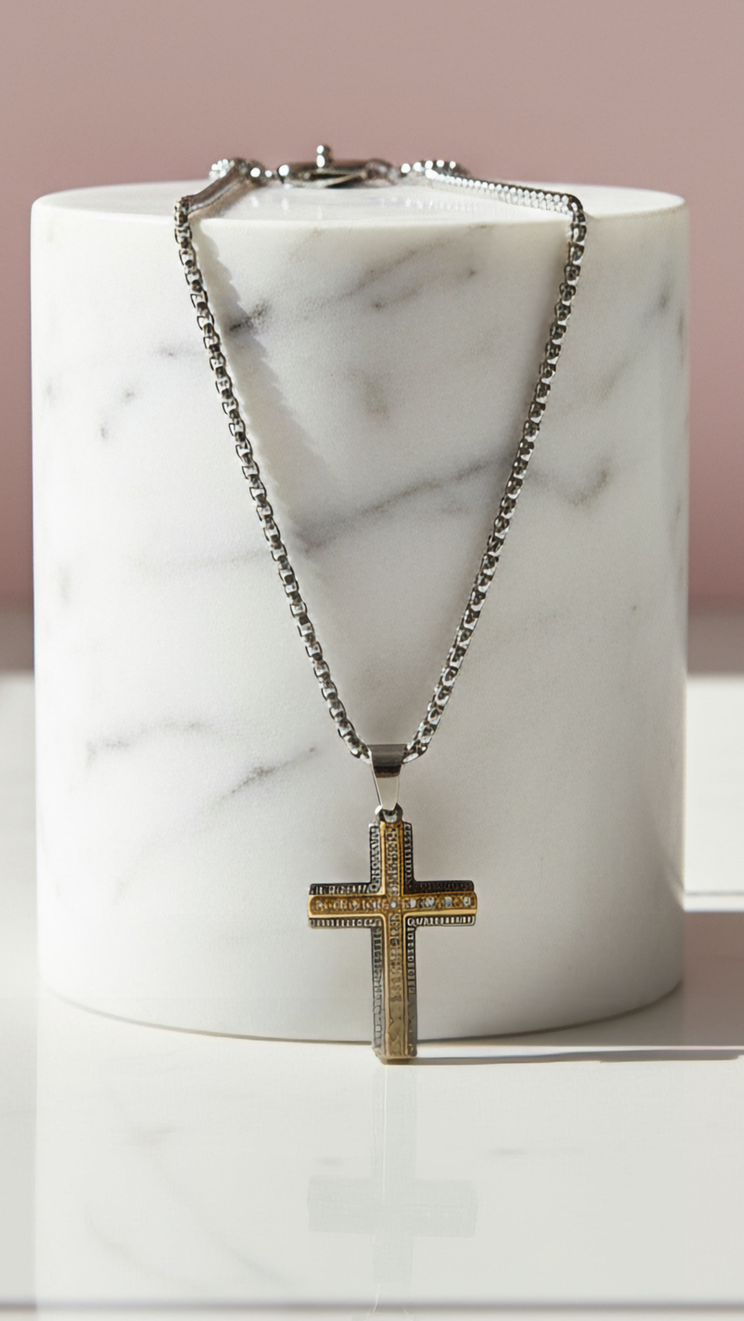 Waterproof Layered Two Tone Stainless Steel Cross Necklace