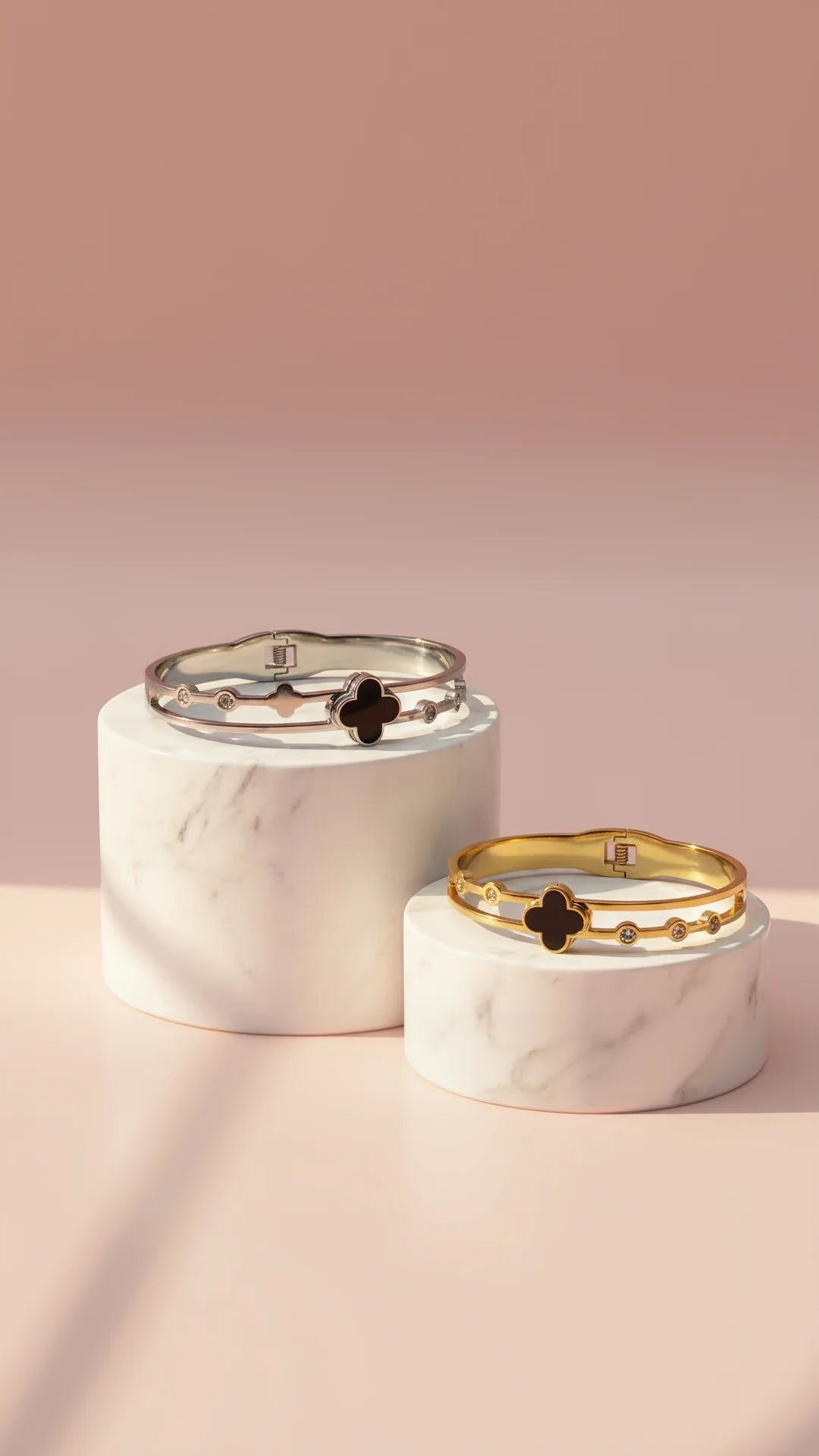 Waterproof Stainless Steel Black Clover & Crystal Stacking Bangle