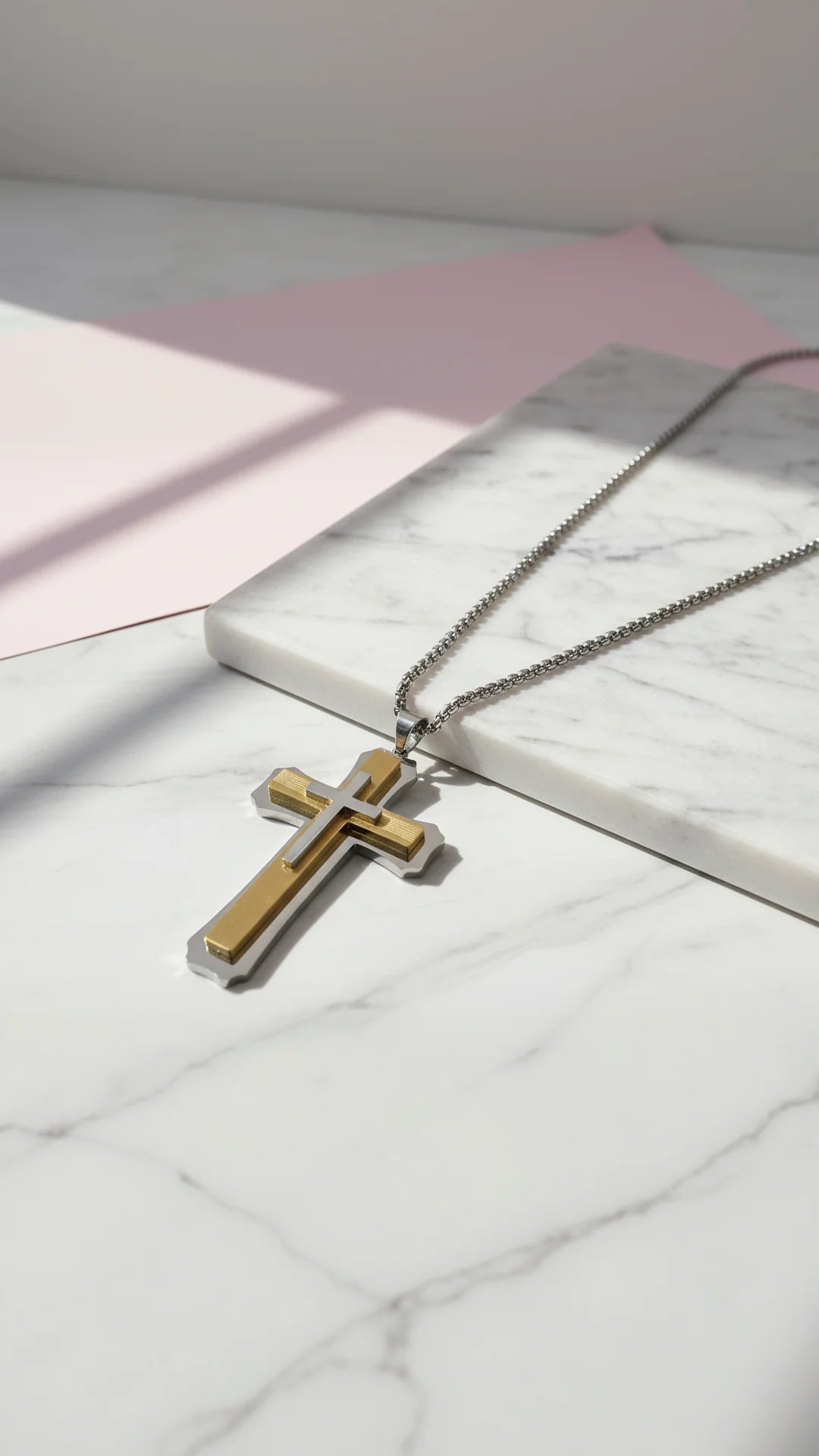 Waterproof OversizedTwo Tone Stainless Steel Cross Necklace