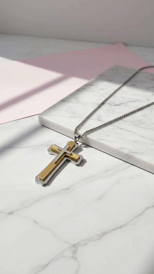 Waterproof OversizedTwo Tone Stainless Steel Cross Necklace