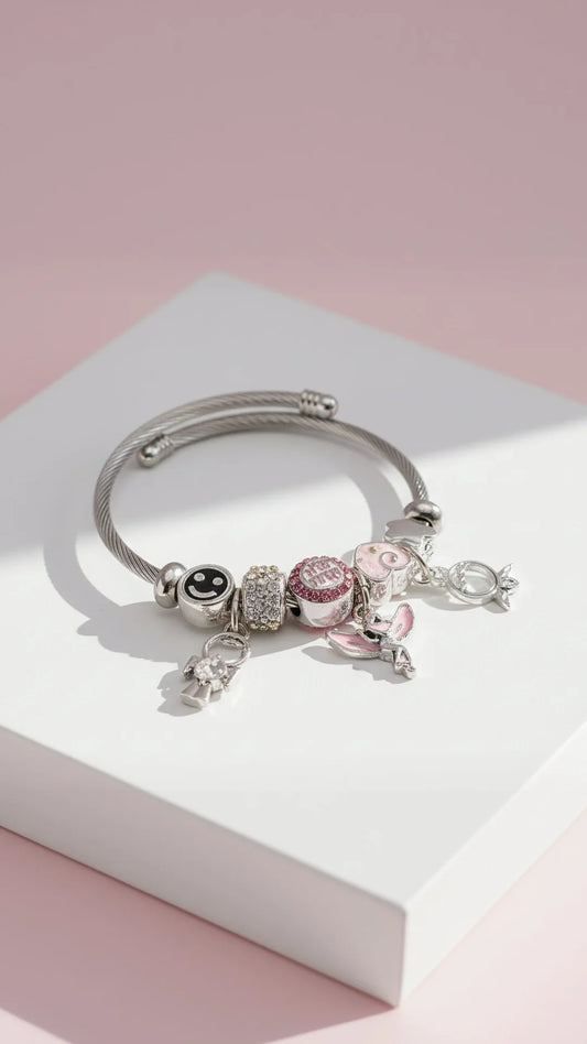 Pink Angel & Hearts Crystal Charm Beaded Bracelet