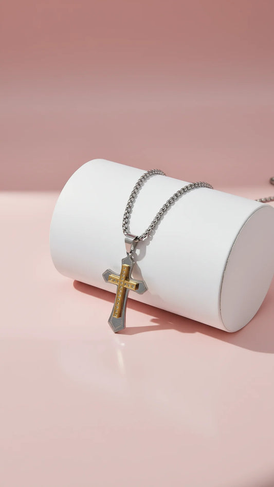 Waterproof Two Tone Stainless Steel Crystal Cross Necklace