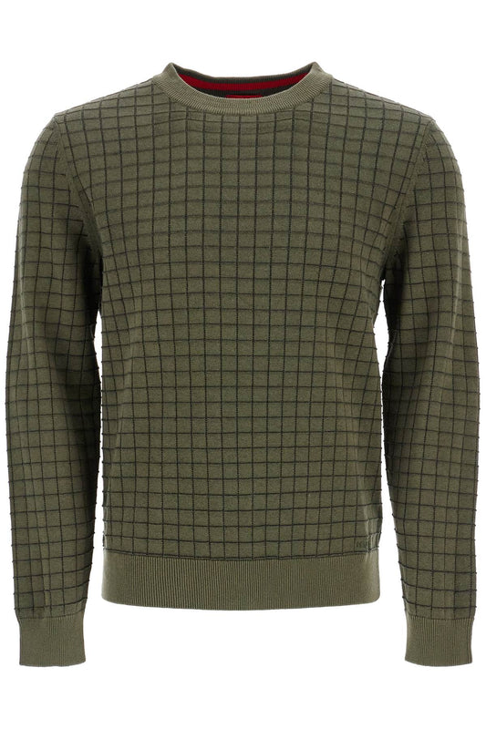 Hugo dark green checkered cotton sweater with long sleeves