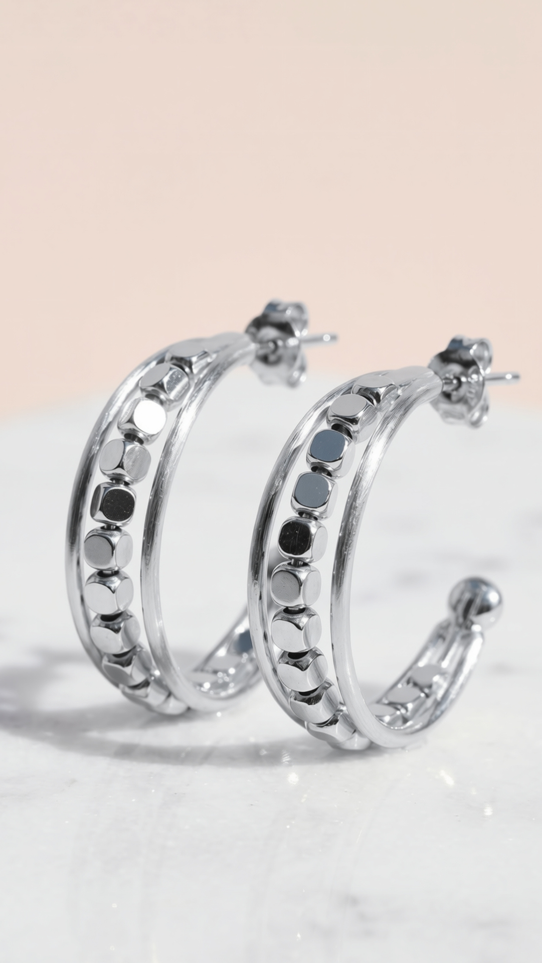 Metallic Beaded Cube Huggie Hoop Earrings