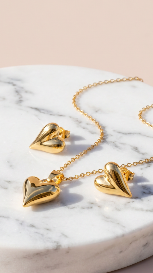 Gold Plated Heart Pendant Necklace & Earring Set