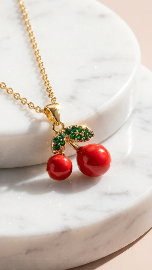 Red Cherry Crystal Gold Plated Steel Pendant Necklace