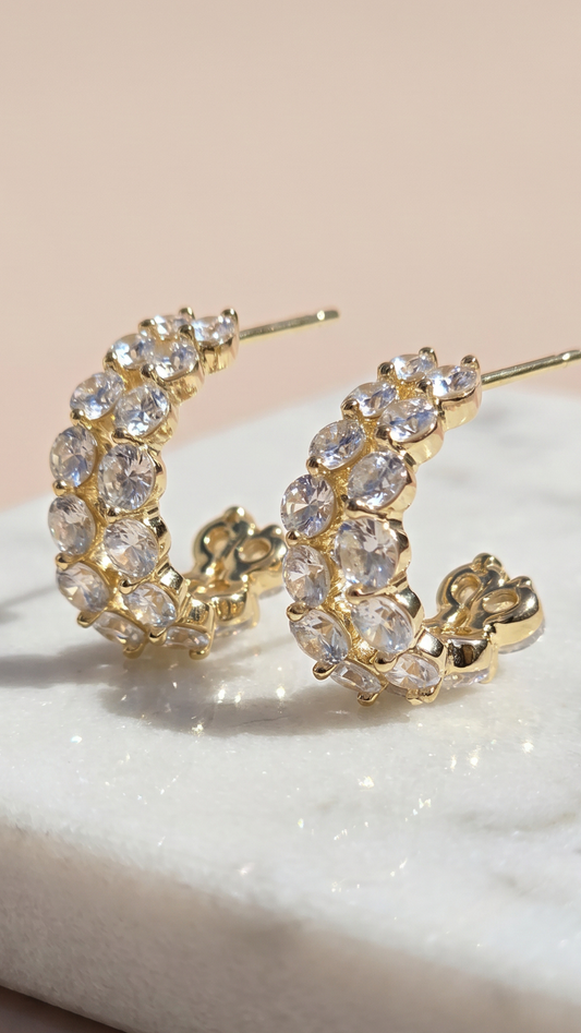 Round Cut Crystal Gold Plated Huggie Hoop Earrings