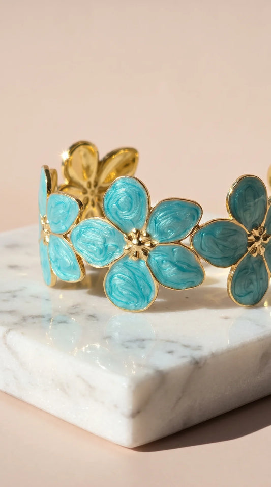 Turquoise Enamel Gold Floral Cuff Bangle