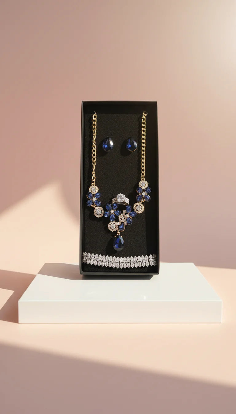 Blue Crystal Necklace, Bracelet, Earrings & Ring Set With Gift Box