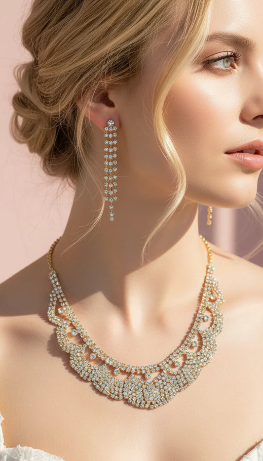 Round Cut Curved Crystal Statement Necklace & Earrings Set