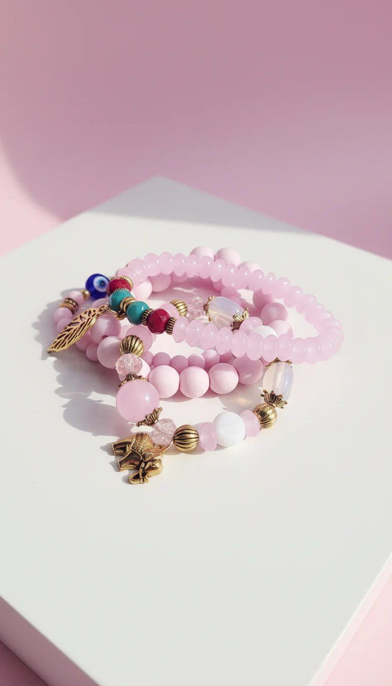 Gold Elephant & Leaf Charm Ceramic Beaded Bracelet Set