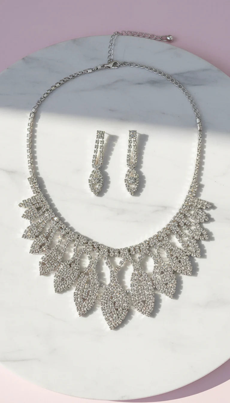 Teardrop Fringed Crystal Statement Necklace & Earrings Set