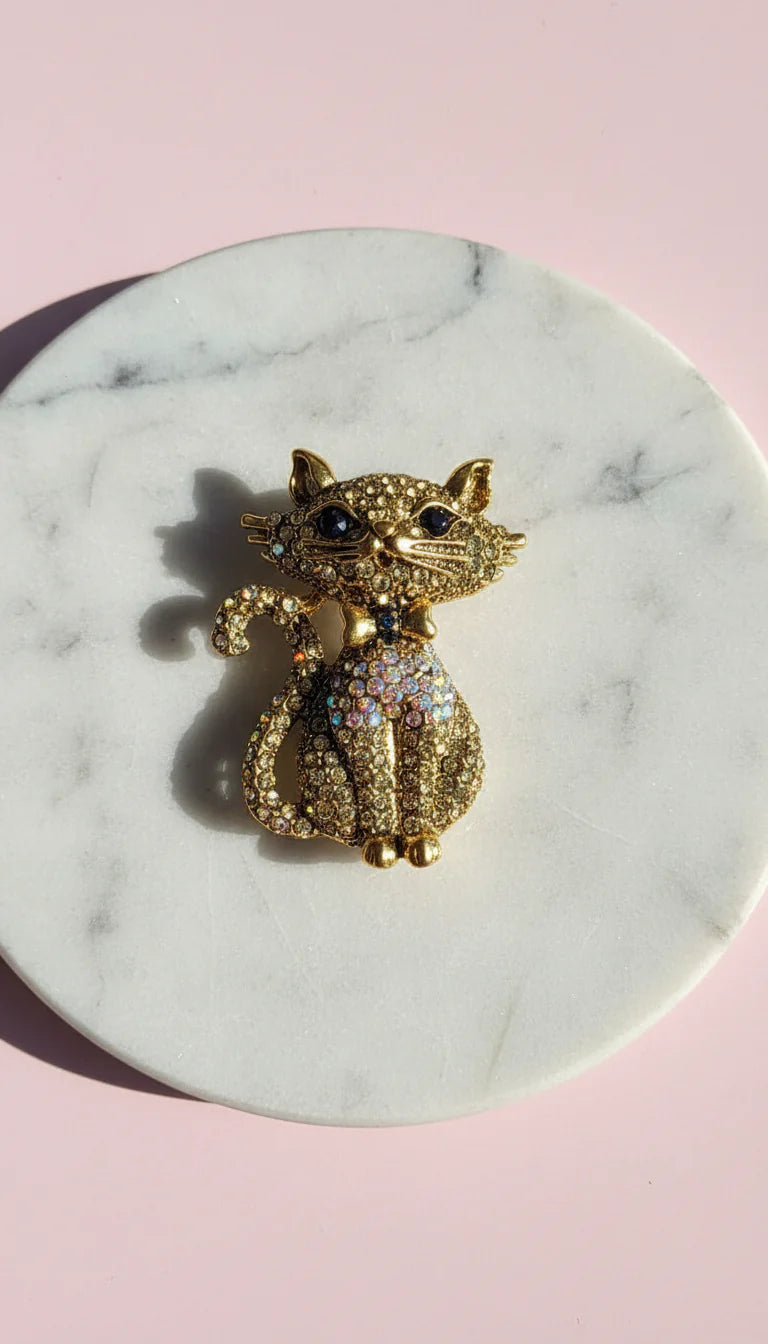 Crystal Cat With Bow Tie Pin Statement Brooch