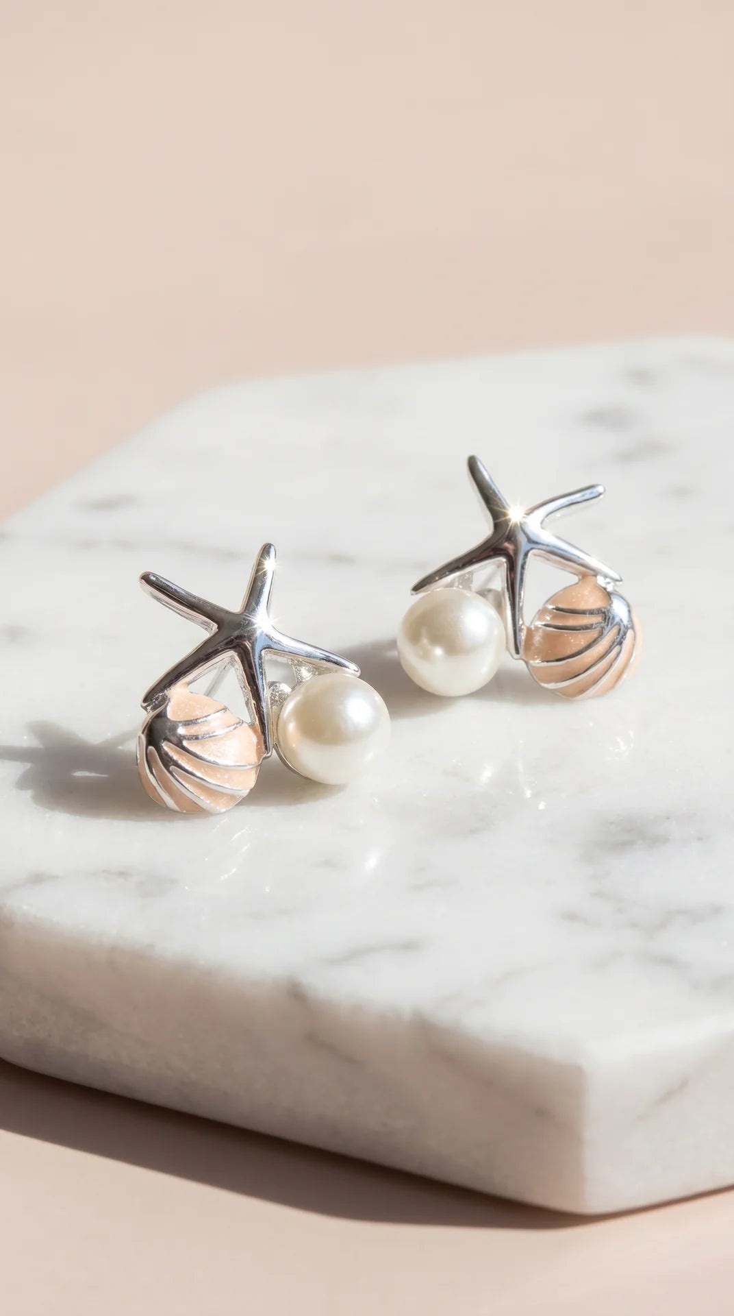 Starfish & Seashell Gold Plated Pearl Stud Earrings