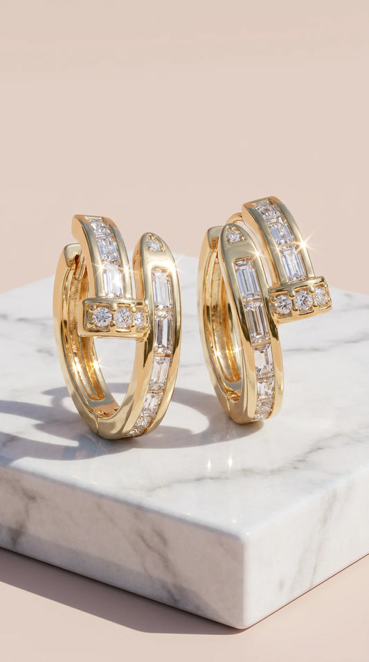 Curved Nail Crystal Huggie Gold Plated Earrings
