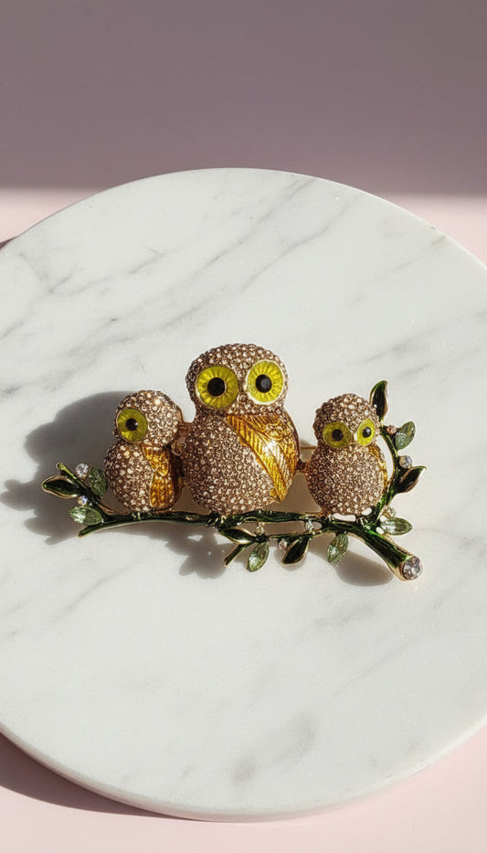 Crystal Owls Statement Brooch Rhinestone Pin