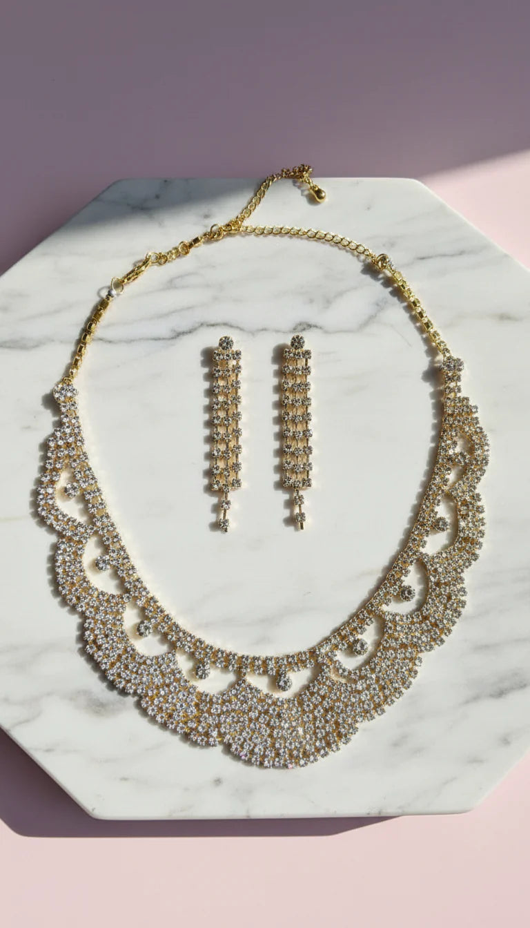 Round Cut Curved Crystal Statement Necklace & Earrings Set