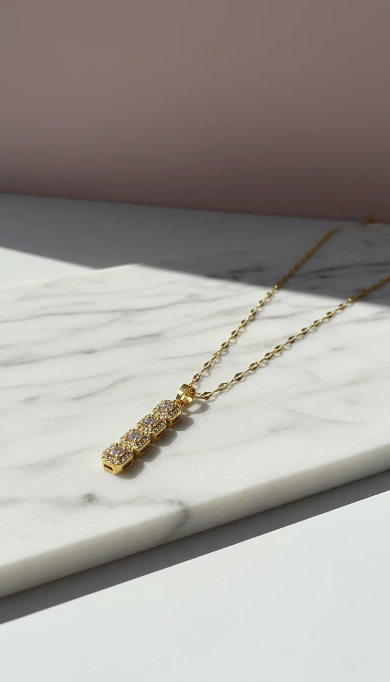 Waterproof Oblong Crystal Stainless Steel Gold Plated Pendant Necklace