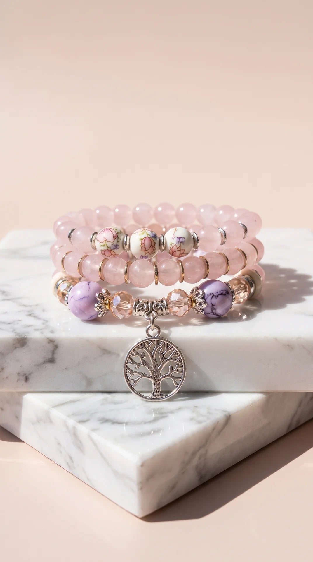 Silver Tree Of Life Beaded Bracelet Stacking Set