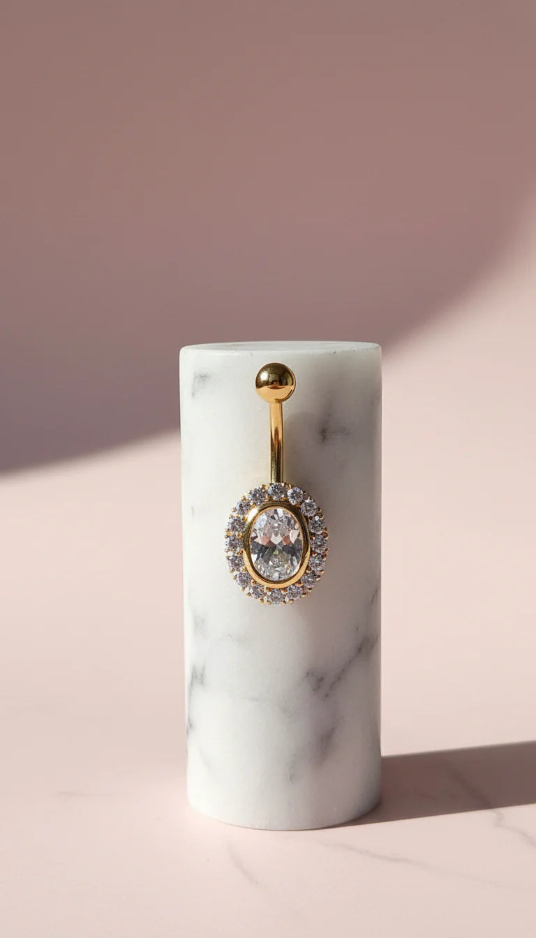 Waterproof Oval Gold Plated Stainless Steel Crystal Belly Bar