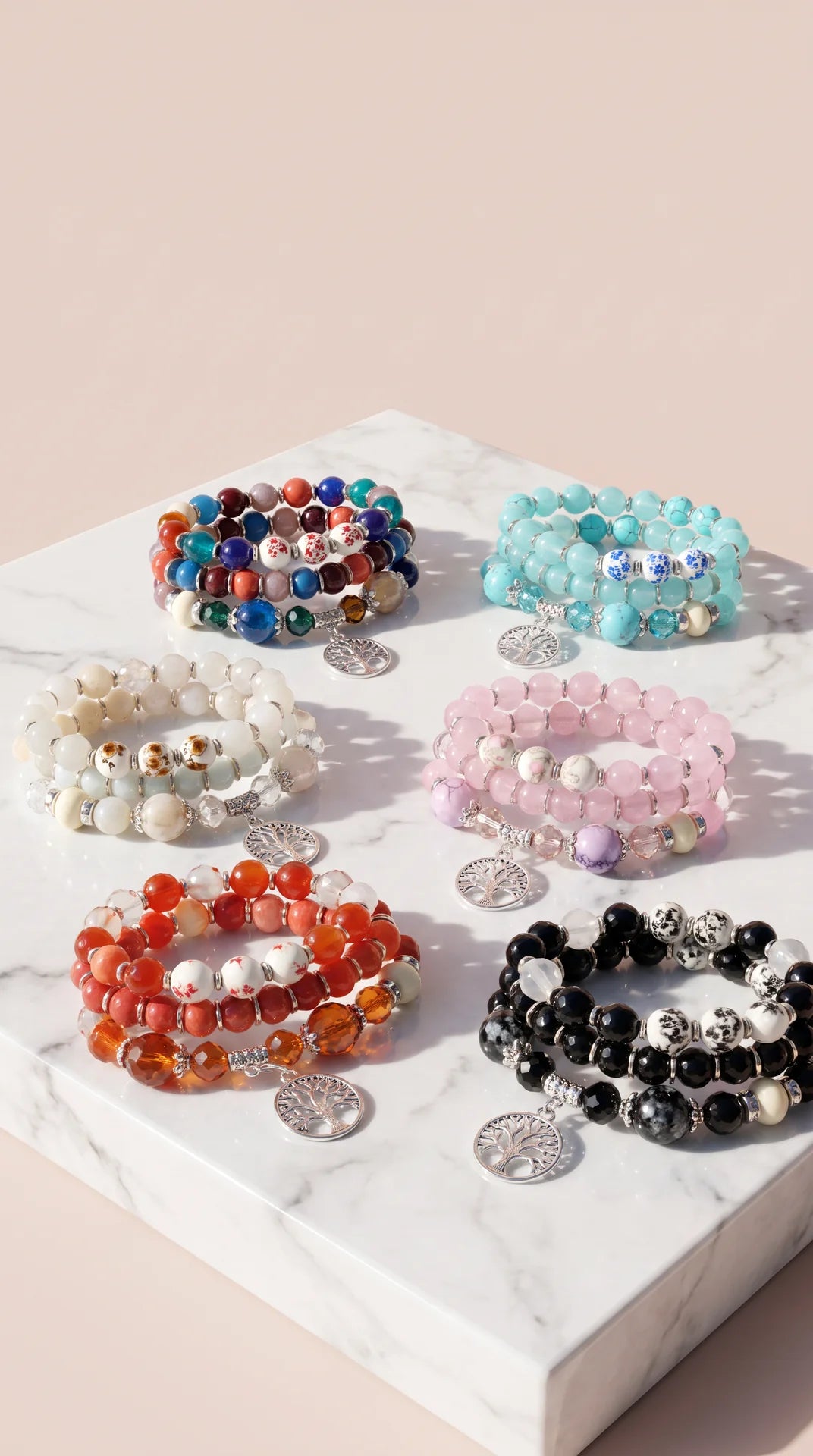 Silver Tree Of Life Beaded Bracelet Stacking Set